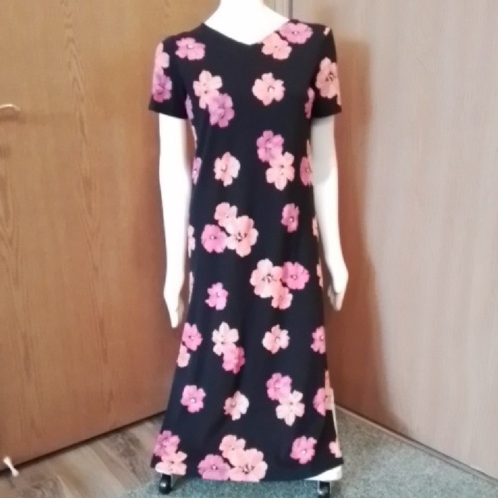 Talbots Black/Pink/Coral Flowered Short-Sleeve Dress, Size Medium Petite.